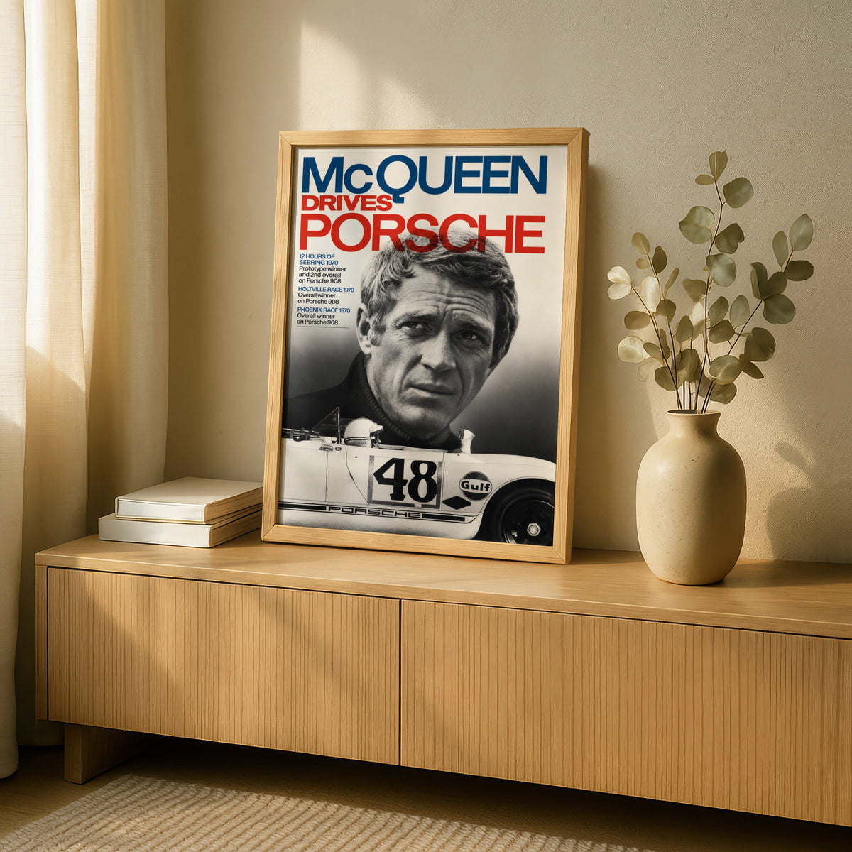 McQueen Drives Porsche Racing Poster, Steve McQueen Wall Art, Gulf 908 Print