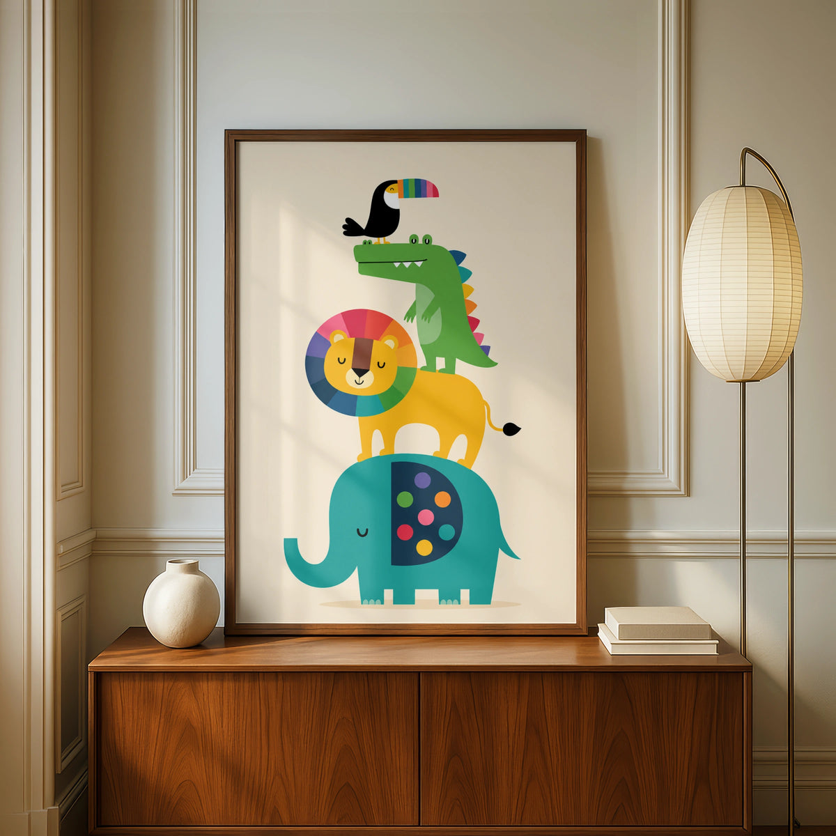 Stacked Animals Kids Poster, Colourful Nursery Wall Art, Lion Elephant Toucan Print