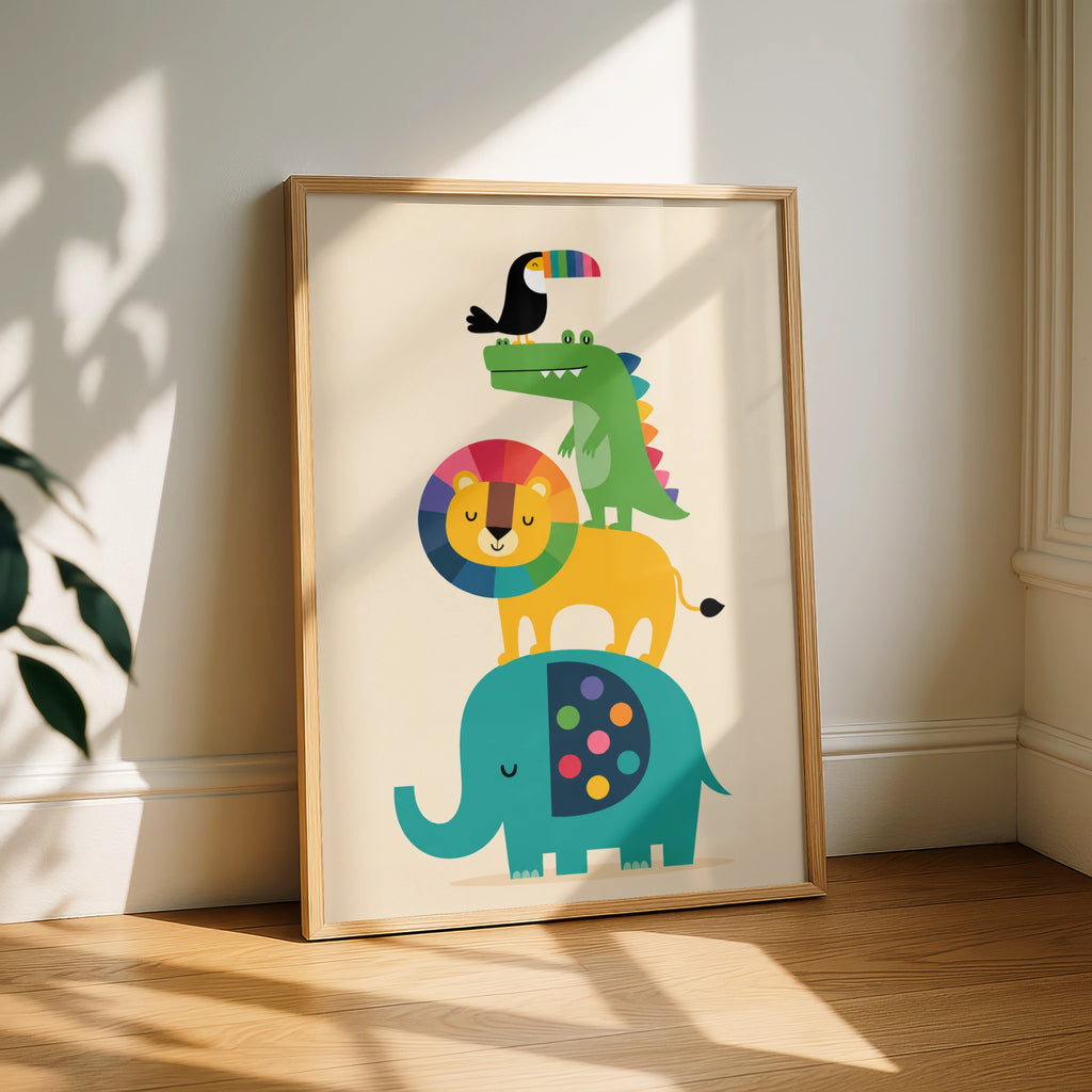 Stacked Animals Kids Poster, Colourful Nursery Wall Art, Lion Elephant Toucan Print