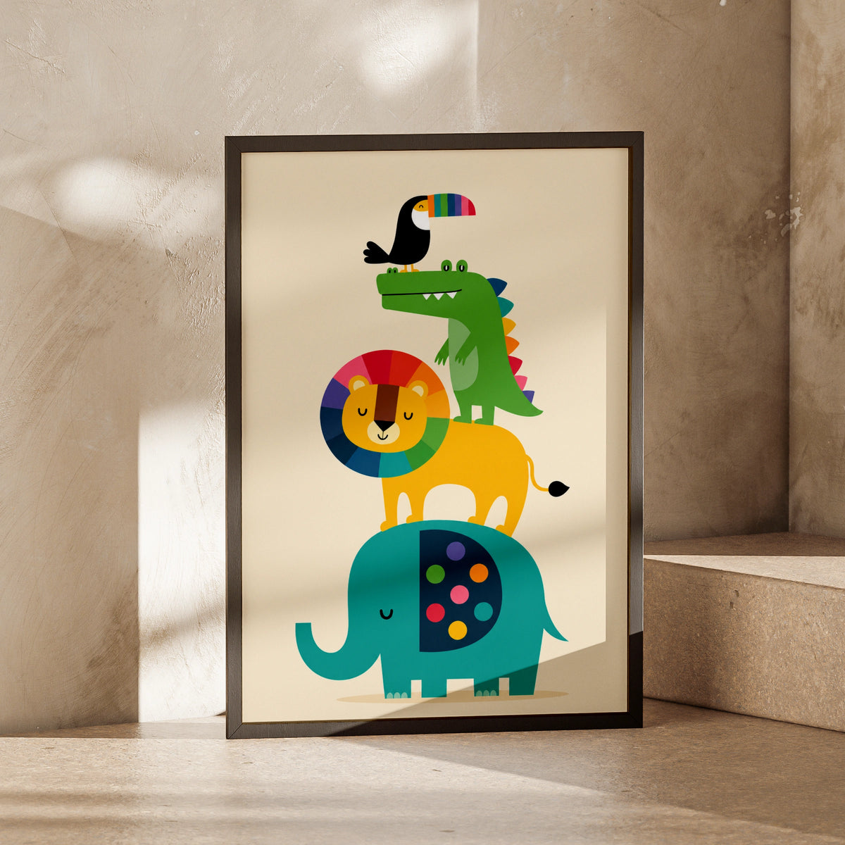 Stacked Animals Kids Poster, Colourful Nursery Wall Art, Lion Elephant Toucan Print