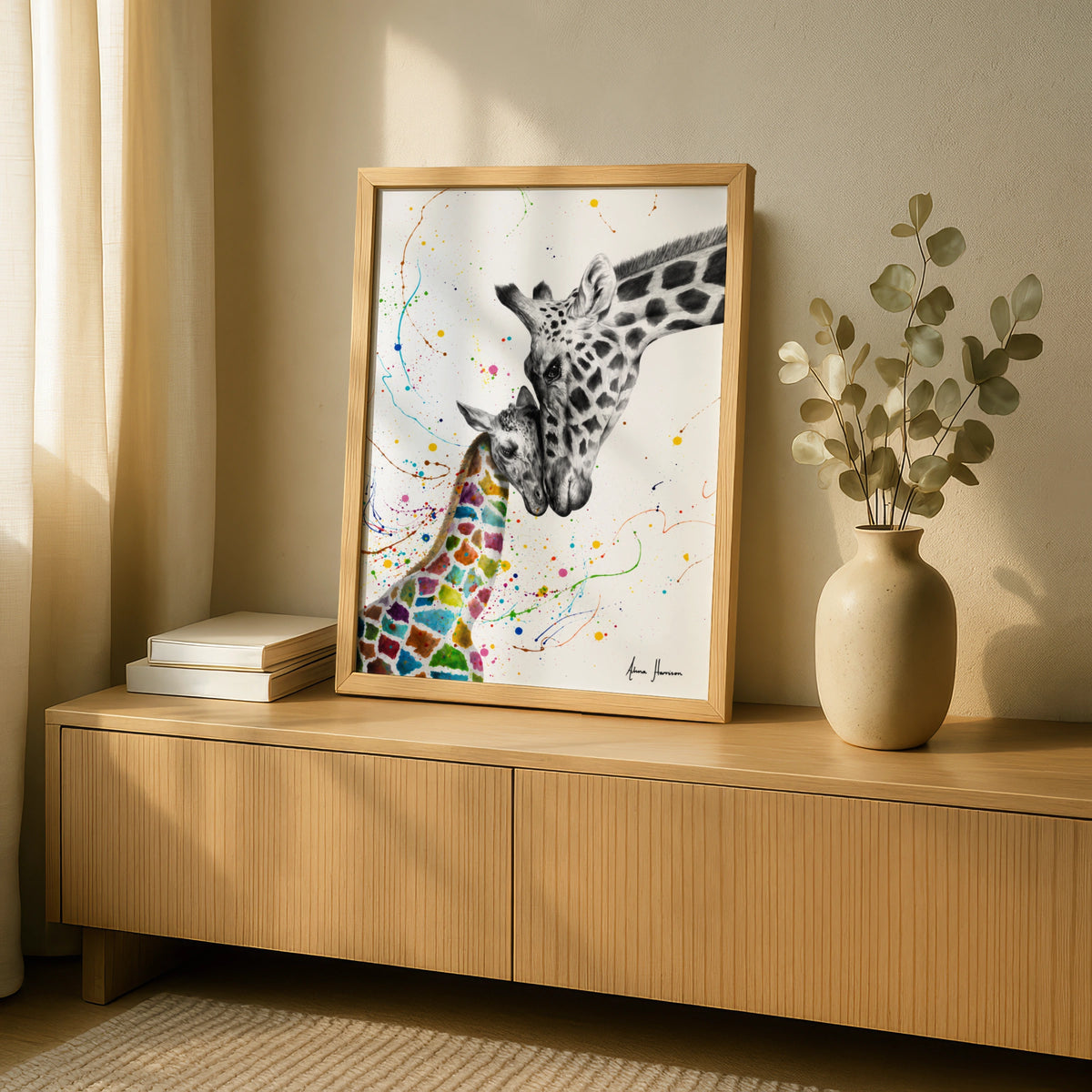 Giraffe Mother Baby Poster, Colourful Wildlife Wall Art, Animal Print, Nursery Decor