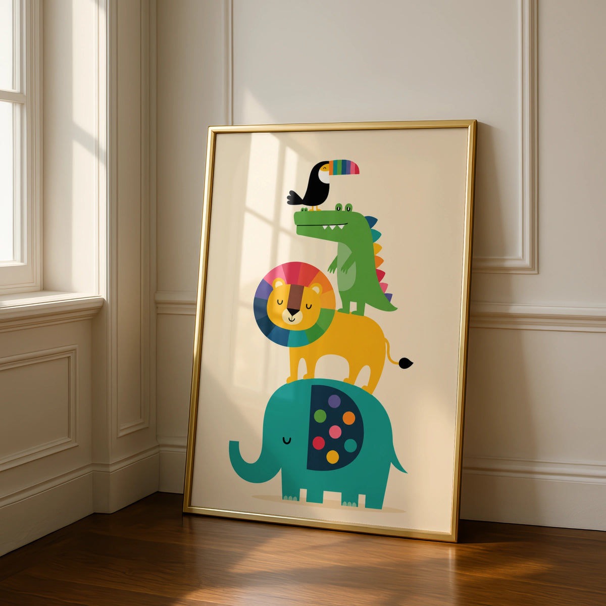 Stacked Animals Kids Poster, Colourful Nursery Wall Art, Lion Elephant Toucan Print