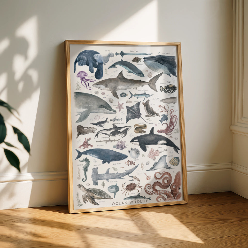 Ocean Wildlife Poster, Sea Life Wall Art, Watercolour Marine Animals Print, Kids Room Decor