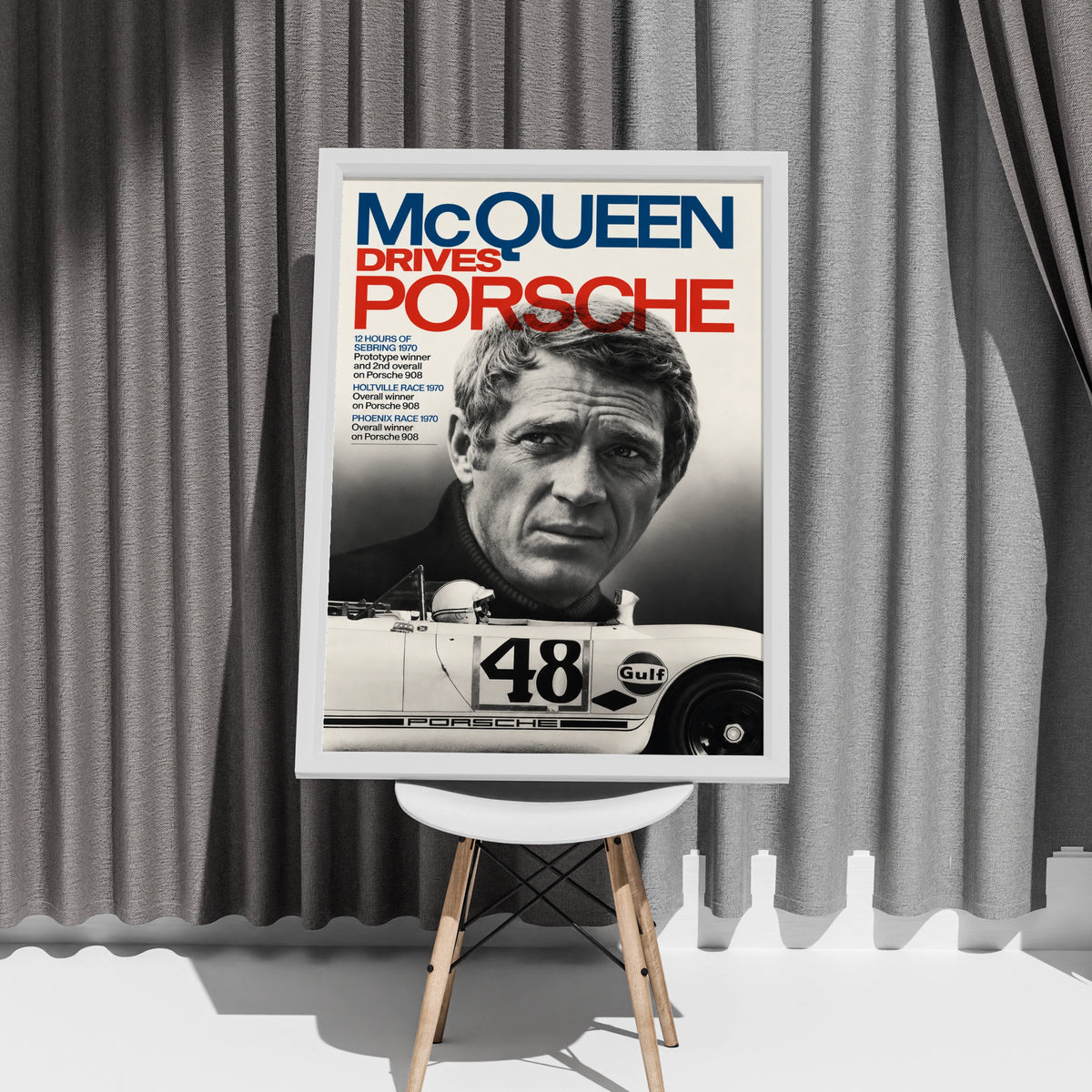 McQueen Drives Porsche Racing Poster, Steve McQueen Wall Art, Gulf 908 Print