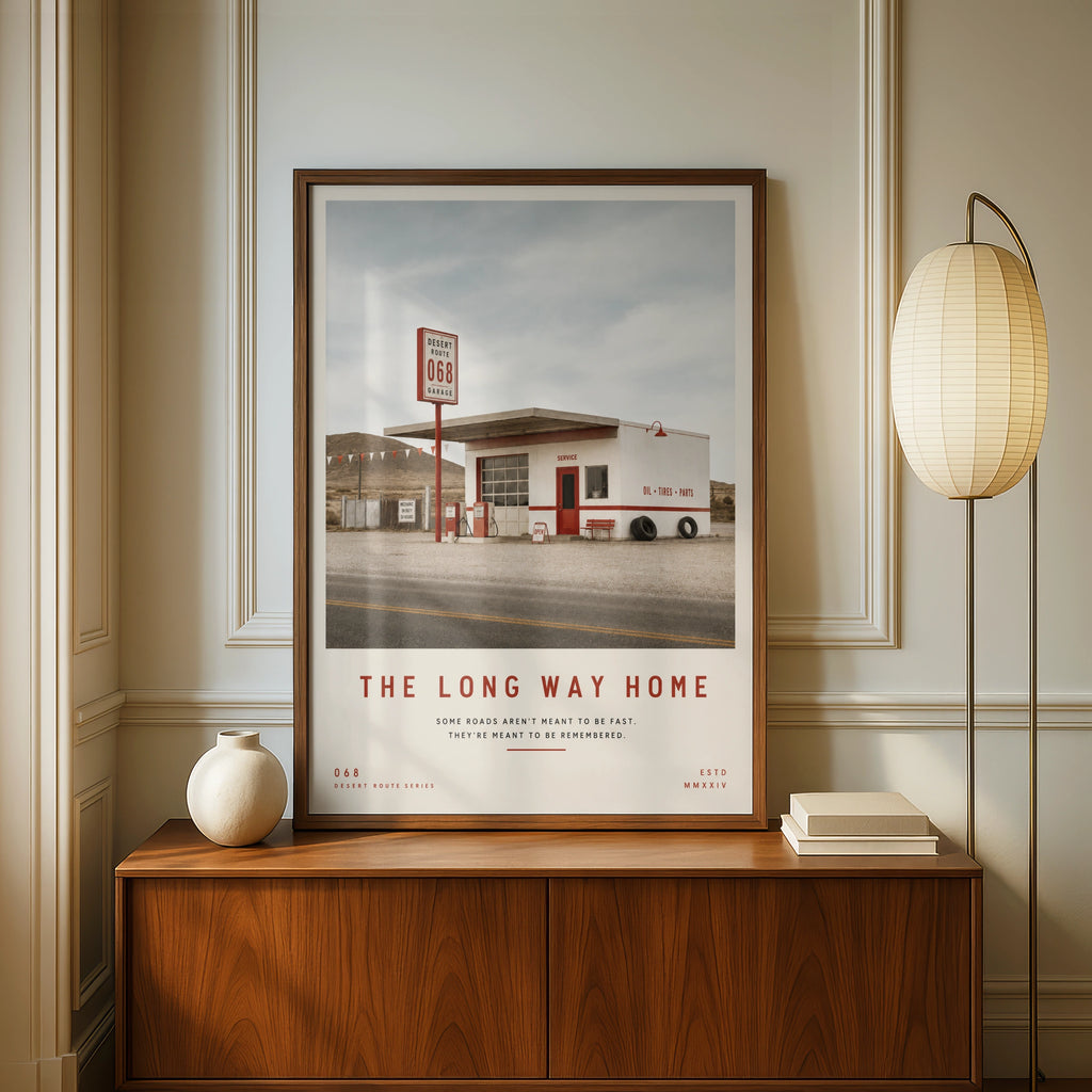 Vintage Desert Gas Station Poster, Route 068 Retro Road Trip Wall Art Print