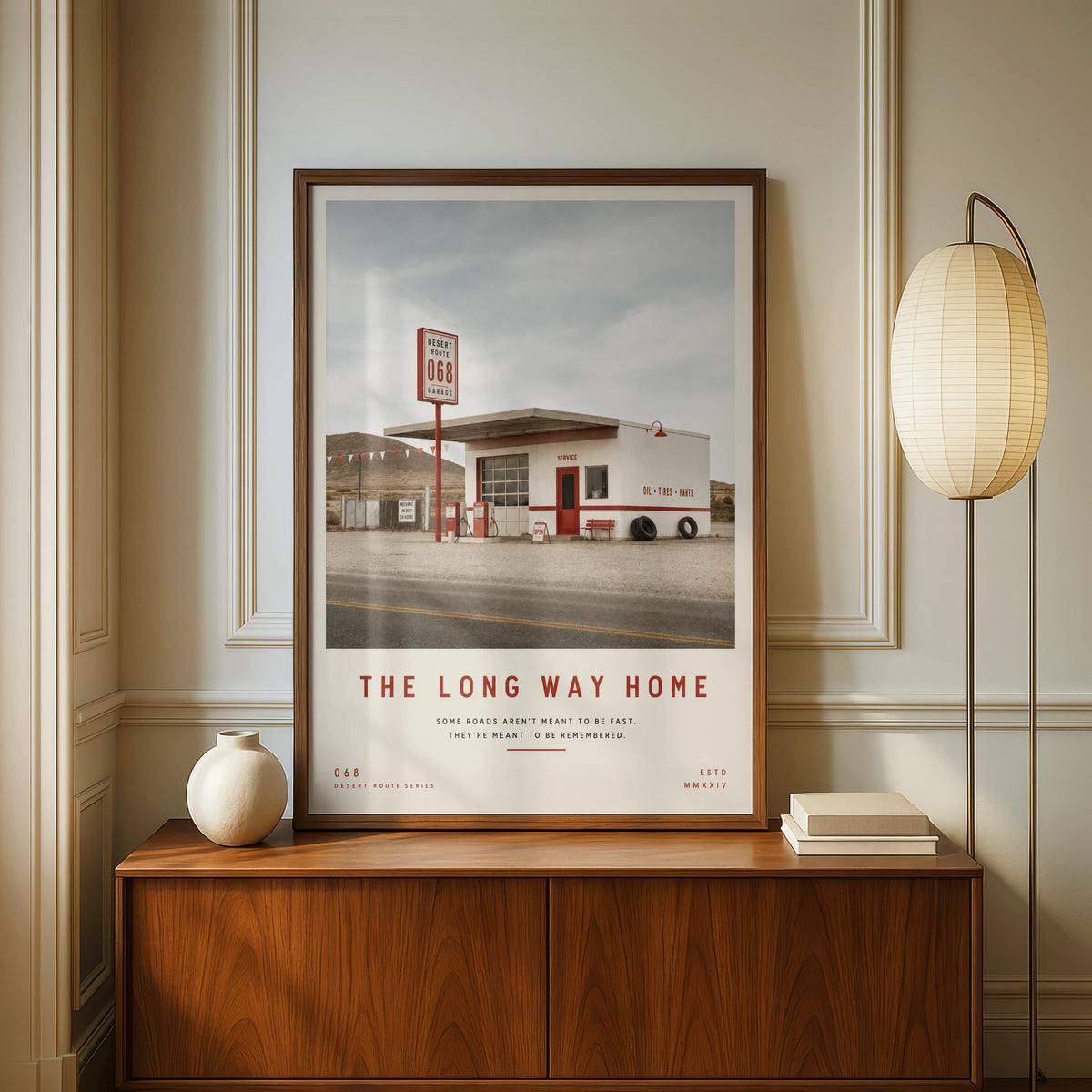 Vintage Desert Gas Station Poster, Route 068 Retro Road Trip Wall Art Print