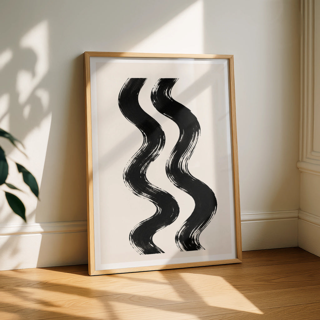 Abstract Swirl Poster, Black Cream Brushstroke Wall Art, Minimalist Wavy Lines Print
