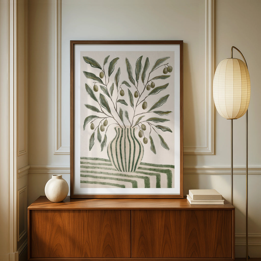 Olive Branch Vase Print, Botanical Wall Art, Watercolour Striped Pot, Green Neutral Kitchen Poster