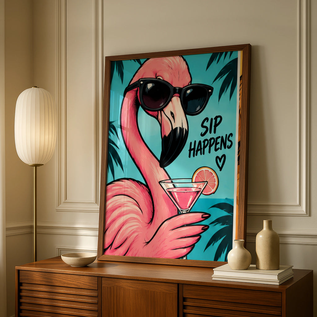 Sip Happens Flamingo Poster, Funny Cocktail Wall Art, Pink Tropical Bar Print