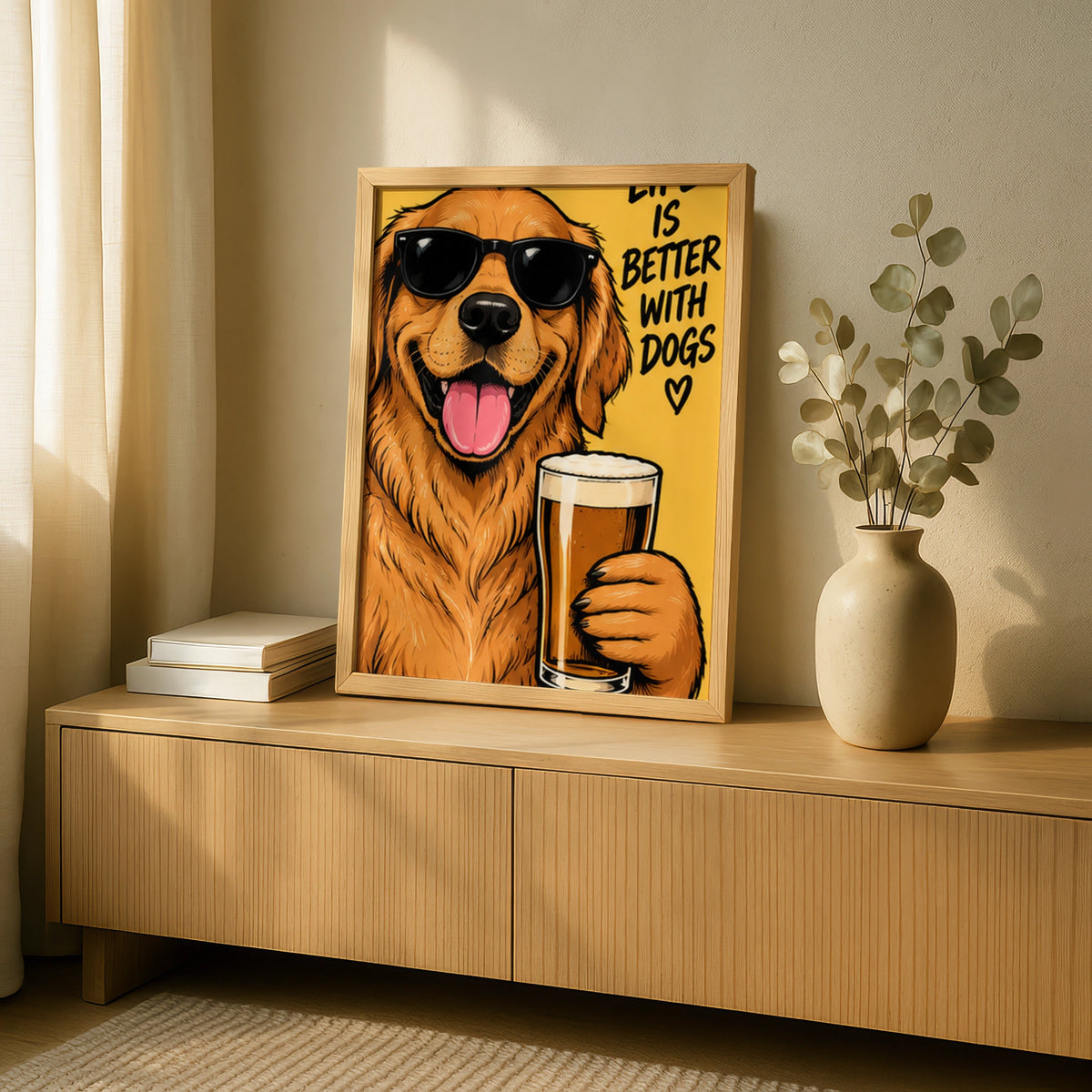 Life Is Better With Dogs Poster, Funny Golden Retriever Beer Print, Dog Lover Wall Art