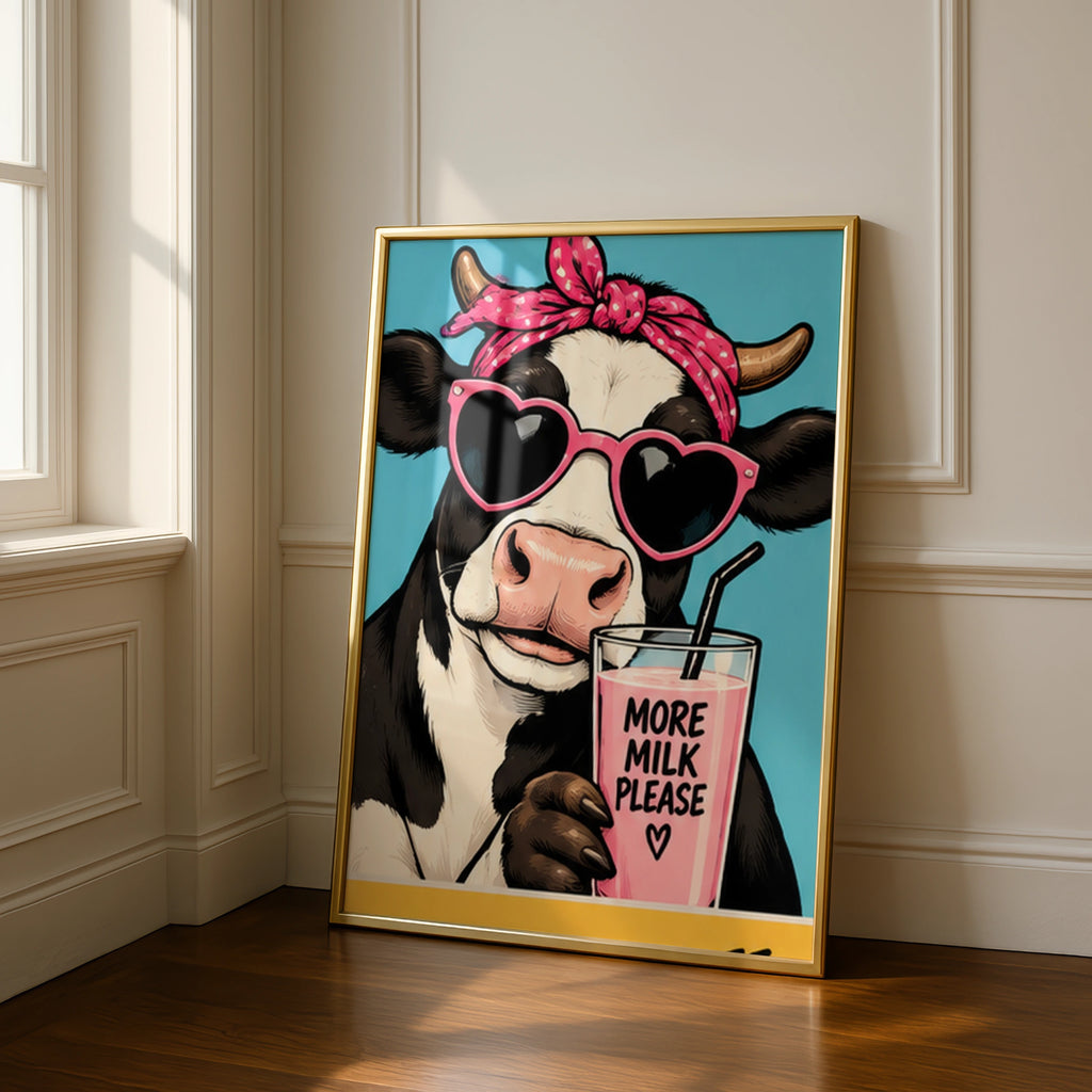 Funny Cow Poster, More Milk Please Print, Cute Kitchen Wall Art, Pop Art Decor