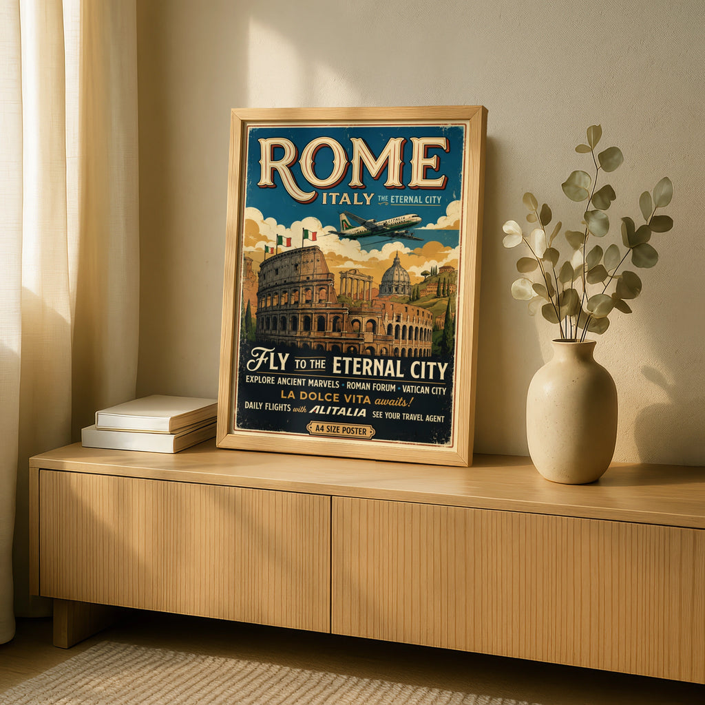 Rome Italy Vintage Travel Poster, Retro Colosseum Wall Art, Italian Print