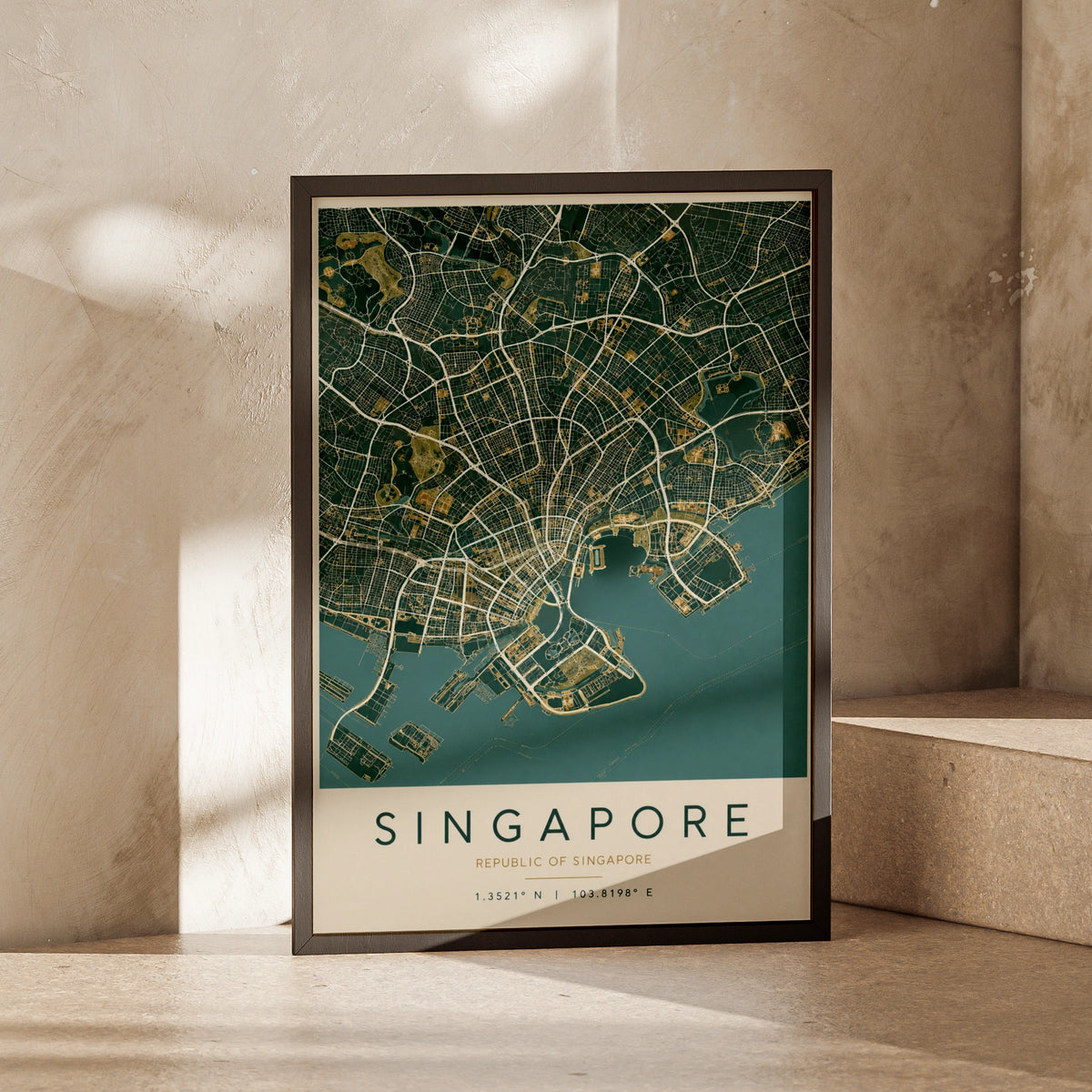 Singapore Map Poster, City Street Map Print, Teal Gold Wall Art, Southeast Asia Decor