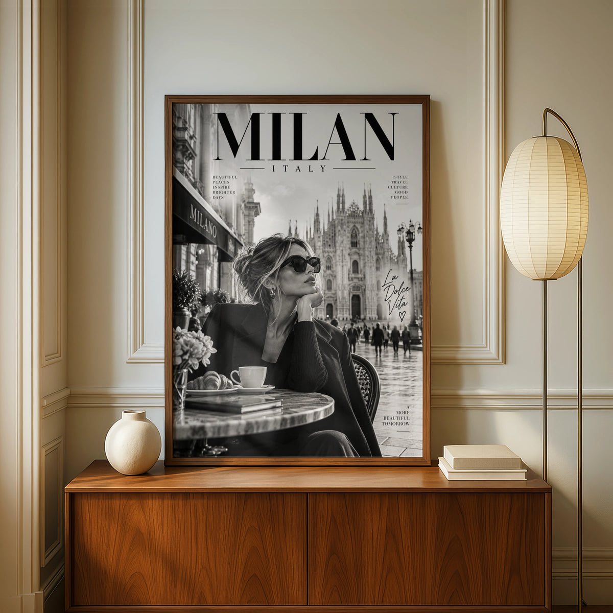Milan Italy Poster, La Dolce Vita Wall Art, Black White Fashion Travel Print