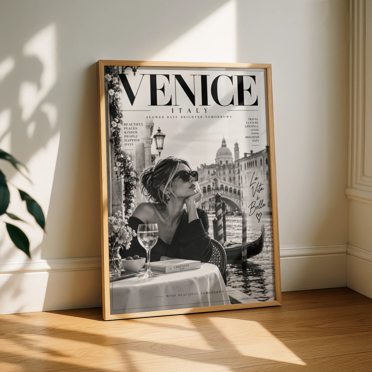 Venice Italy Magazine Cover Poster, La Vita e Bella, Black White Travel Wall Art Print