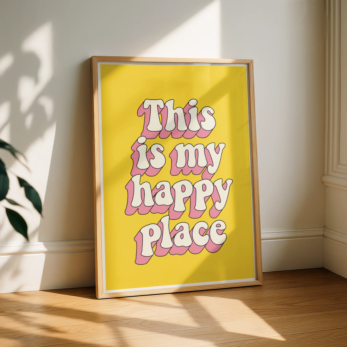 This Is My Happy Place Poster, Retro Typography Print, Yellow Pink Wall Art