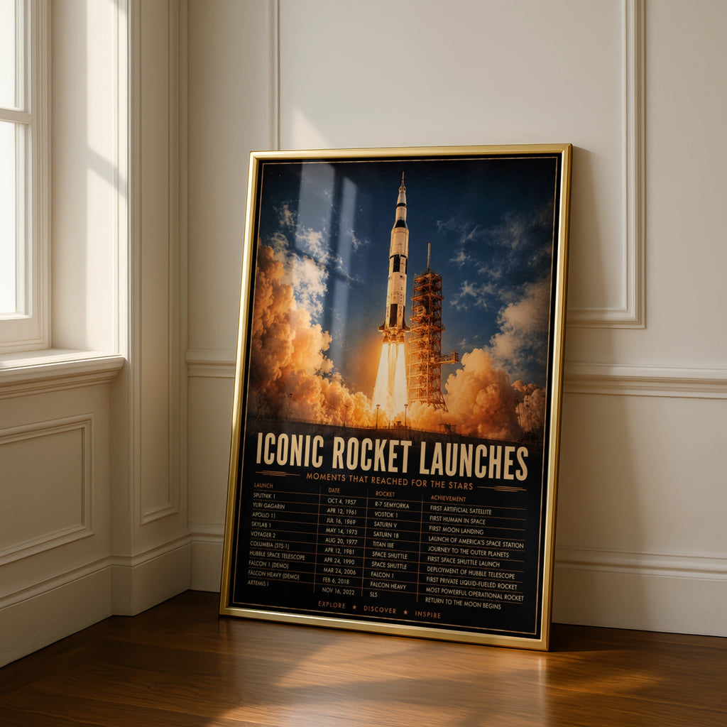 Iconic Rocket Launches Space History Poster, NASA Apollo Saturn V Wall Art Print