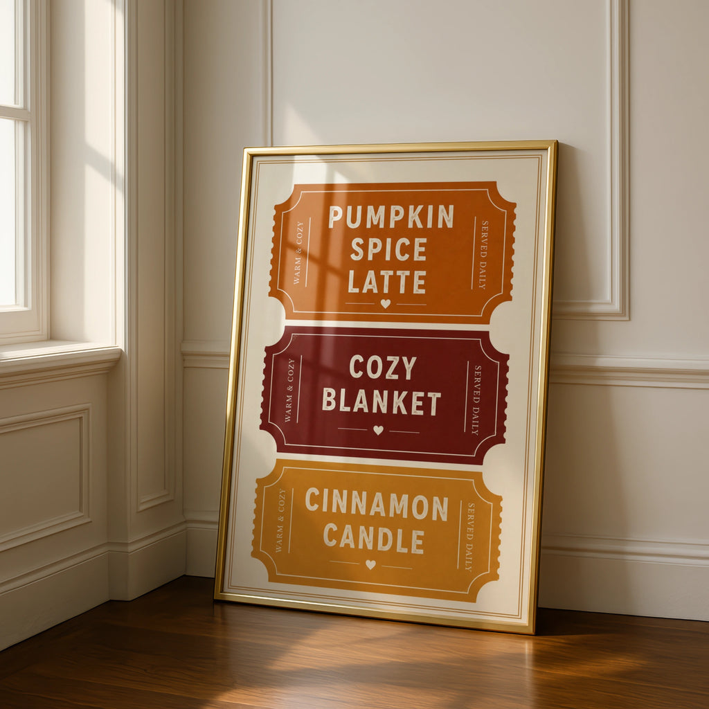 Pumpkin Spice Latte Autumn Ticket Poster, Cozy Fall Wall Art, Warm Burnt Orange Print