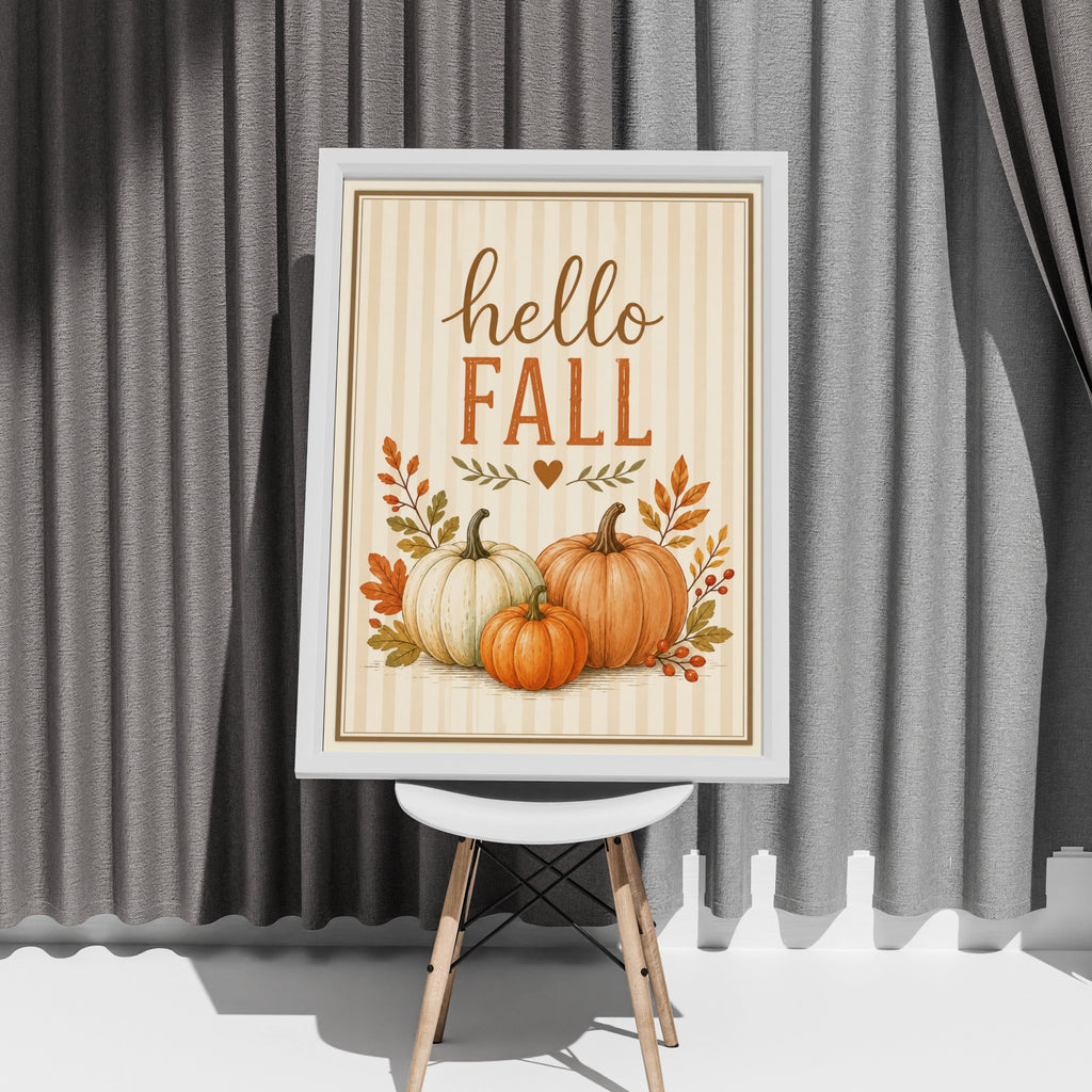 Hello Fall Pumpkin Wall Art, Autumn Harvest Poster, Rustic Orange Cream Home Decor Print