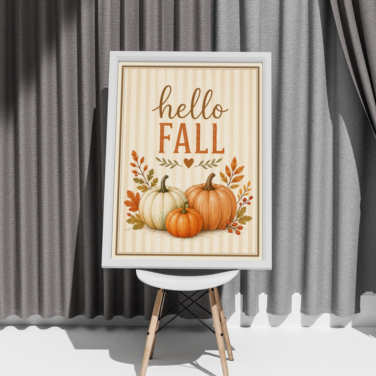 Hello Fall Pumpkin Wall Art, Autumn Harvest Poster, Rustic Orange Cream Home Decor Print