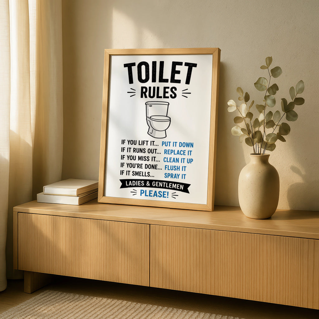 Toilet Rules Funny Bathroom Poster, Humorous Loo Wall Art, Black Blue Home Print