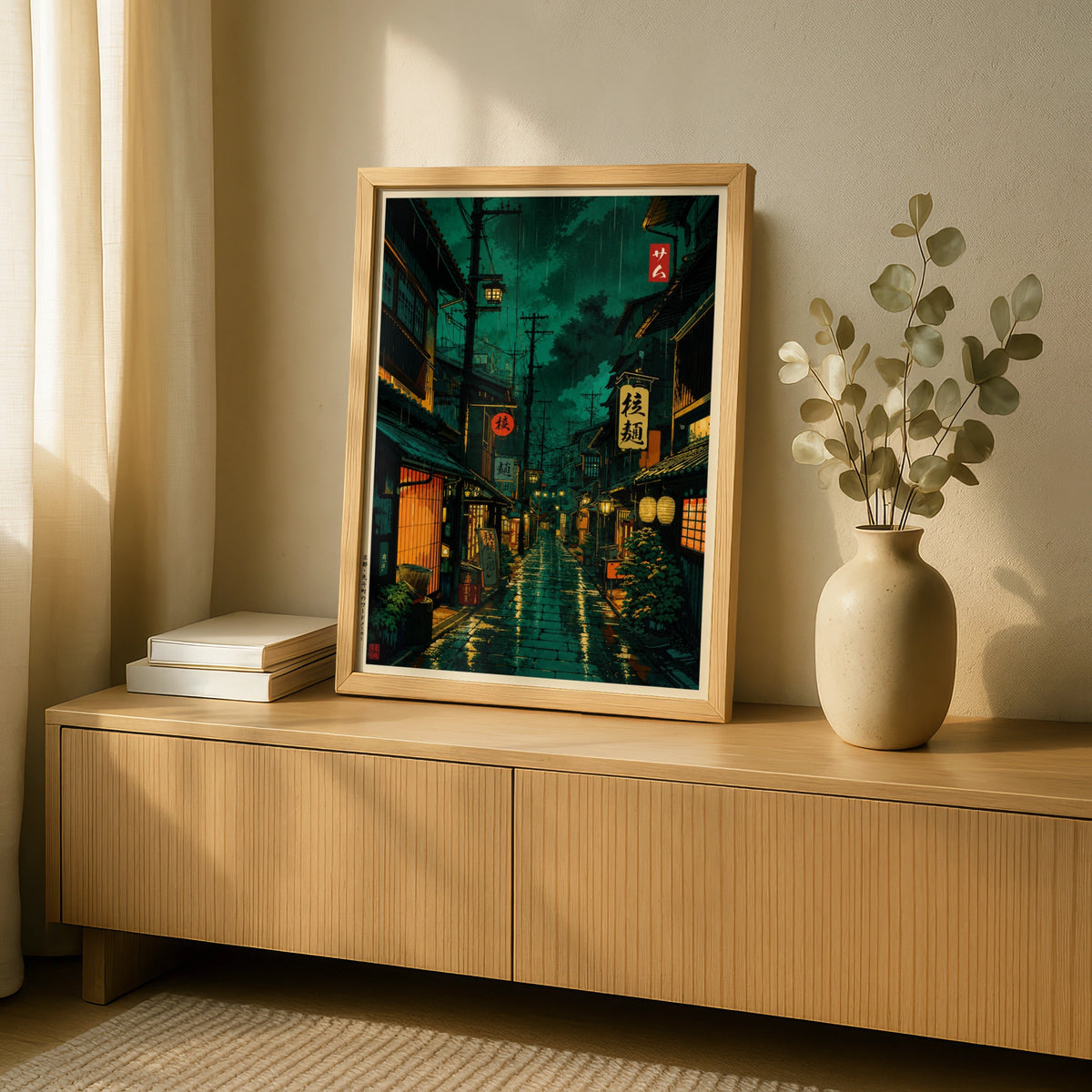 Japanese Street at Night Poster, Rainy Japan Alley Wall Art, Anime City Print
