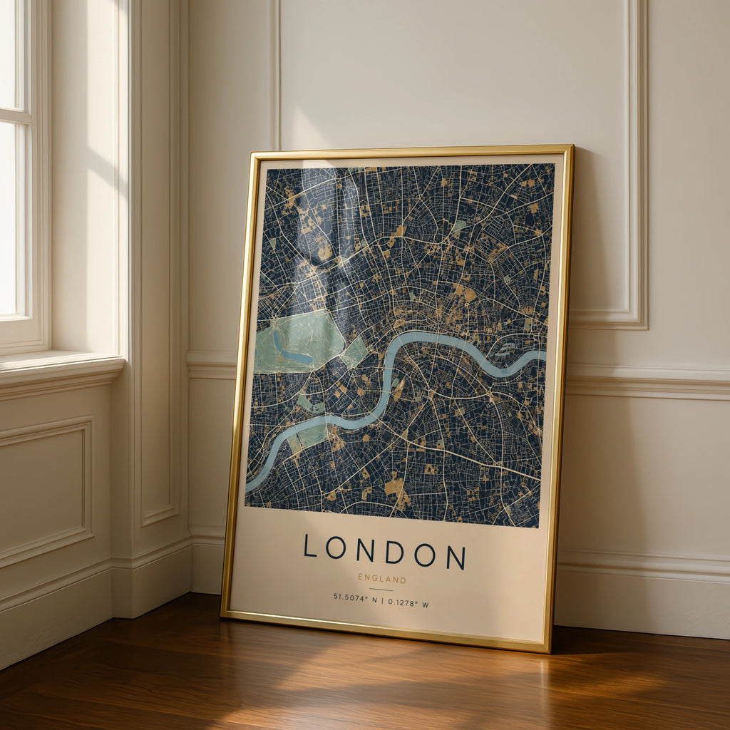 London City Map Poster, Navy Blue Gold Wall Art, River Thames Print, England Gift