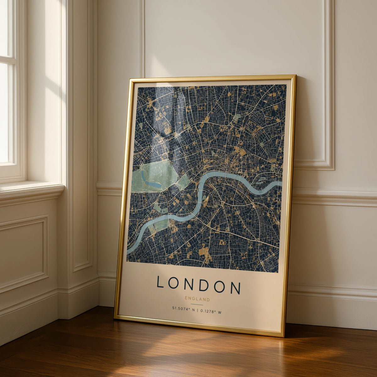 London City Map Poster, Navy Blue Gold Wall Art, River Thames Print, England Gift