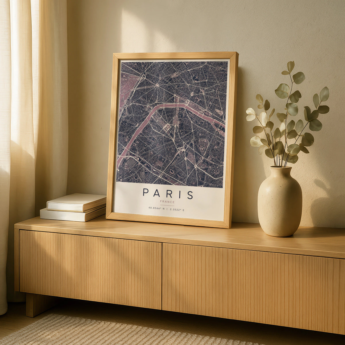 Paris Map Poster, France City Street Map Print, Dark Moody Wall Art, Seine River