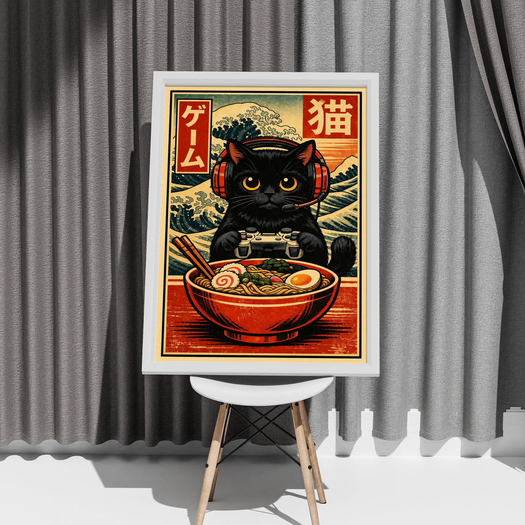 Black Cat Ramen Gamer Poster, Japanese Woodblock Wall Art, Gaming Room Print