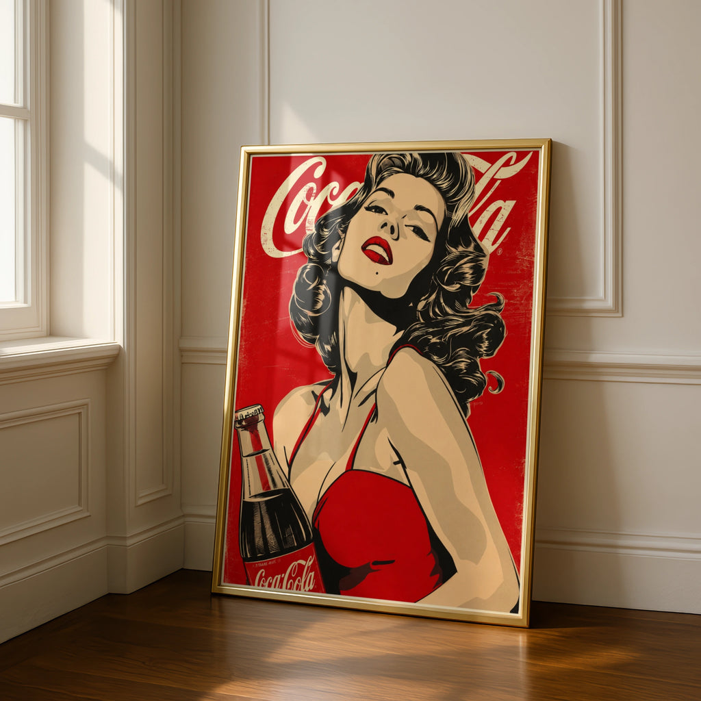 Retro Pin-Up Girl Poster, Vintage Cola Ad Style Wall Art, Red Pop Art Print