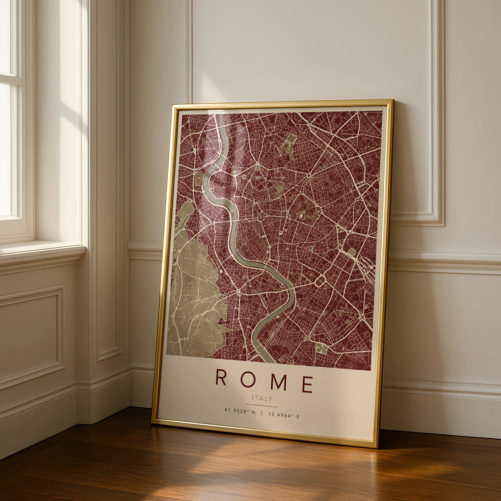 Rome Italy Map Poster, City Street Map Print, Deep Red Minimalist Wall Art