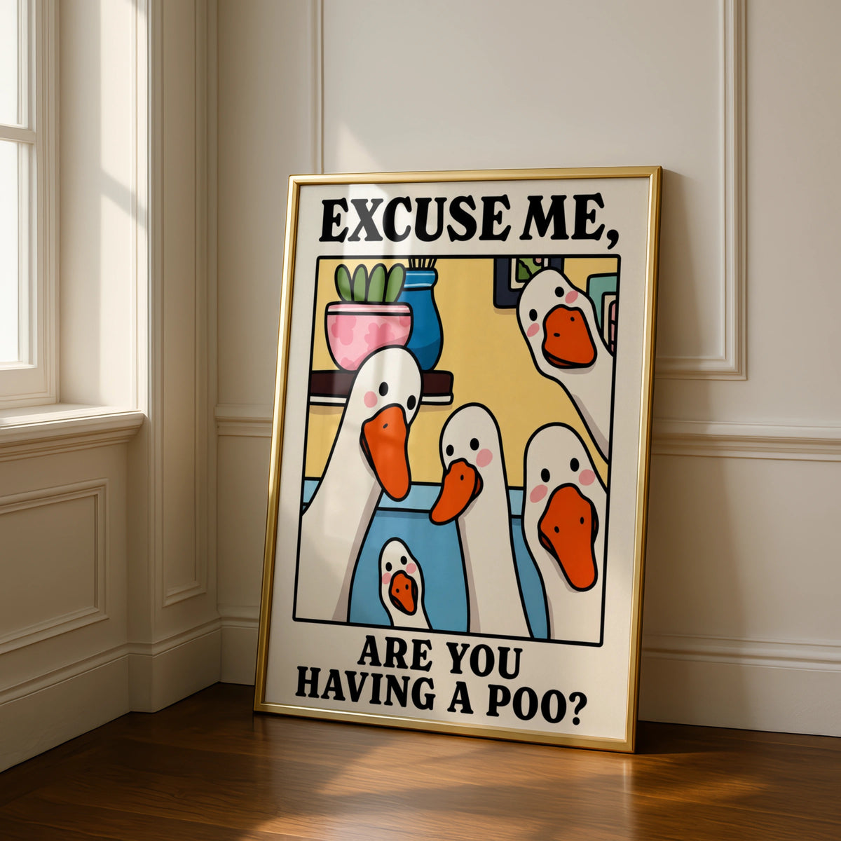 Funny Duck Bathroom Poster, Excuse Me Are You Having A Poo, Quirky Toilet Wall Art