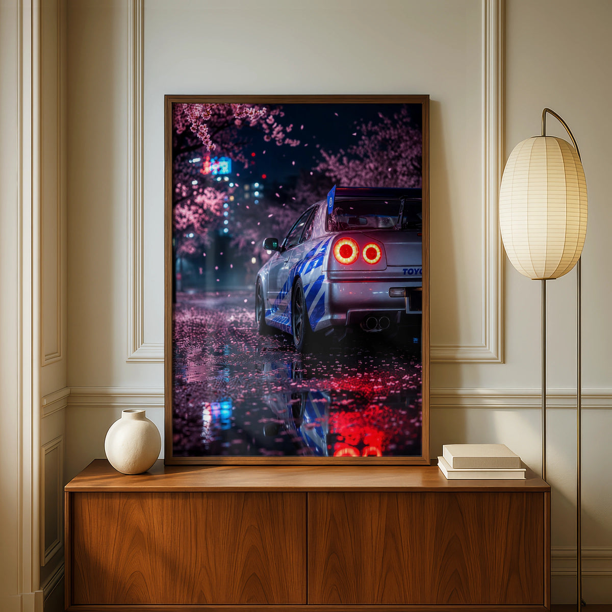 Nissan Skyline R34 GTR Cherry Blossom Poster, JDM Car Wall Art, Night Tokyo Print