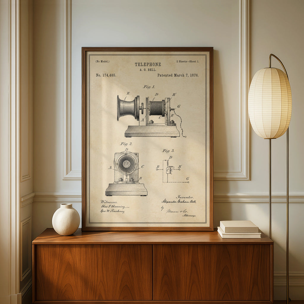 Alexander Graham Bell Telephone Patent Print, Vintage 1876 Invention Poster Wall Art