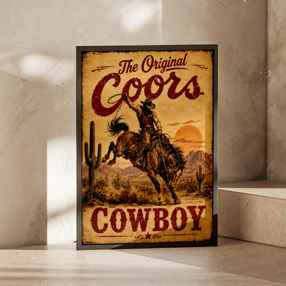 Coors Cowboy Vintage Western Poster, Rodeo Bull Riding Wall Art, Retro Beer Sign Print