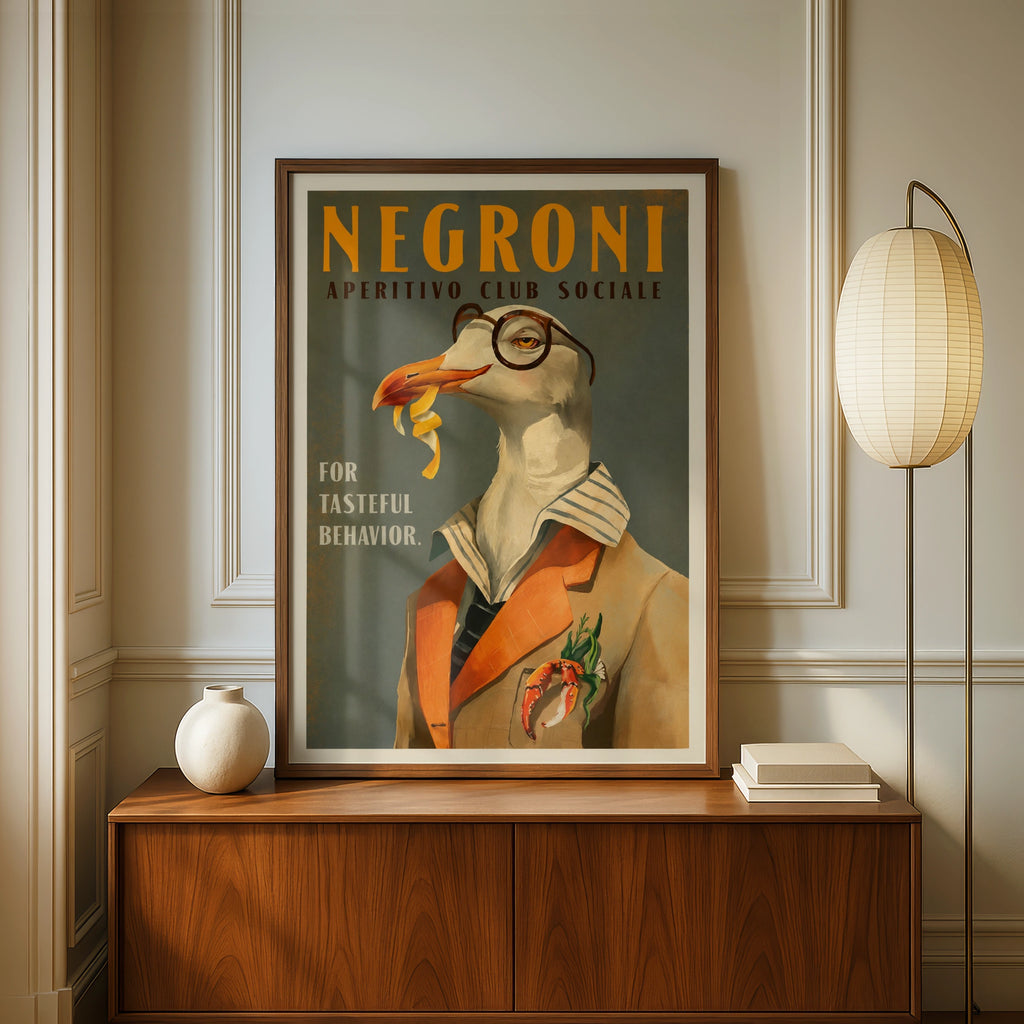 Negroni Aperitivo Seagull Poster, Vintage Cocktail Bar Wall Art, Retro Italian Print