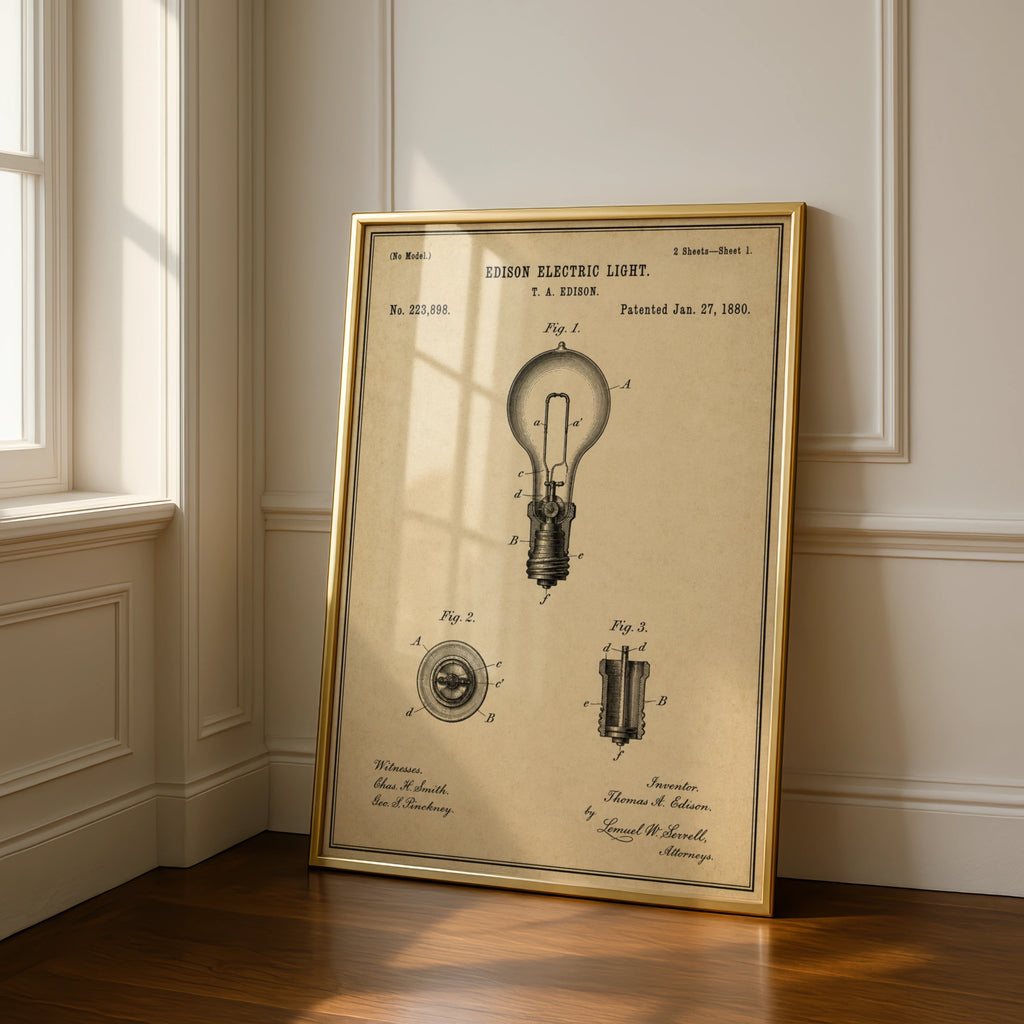 Edison Electric Light Bulb Patent Print, Vintage Invention Poster, Sepia Engineer Wall Art