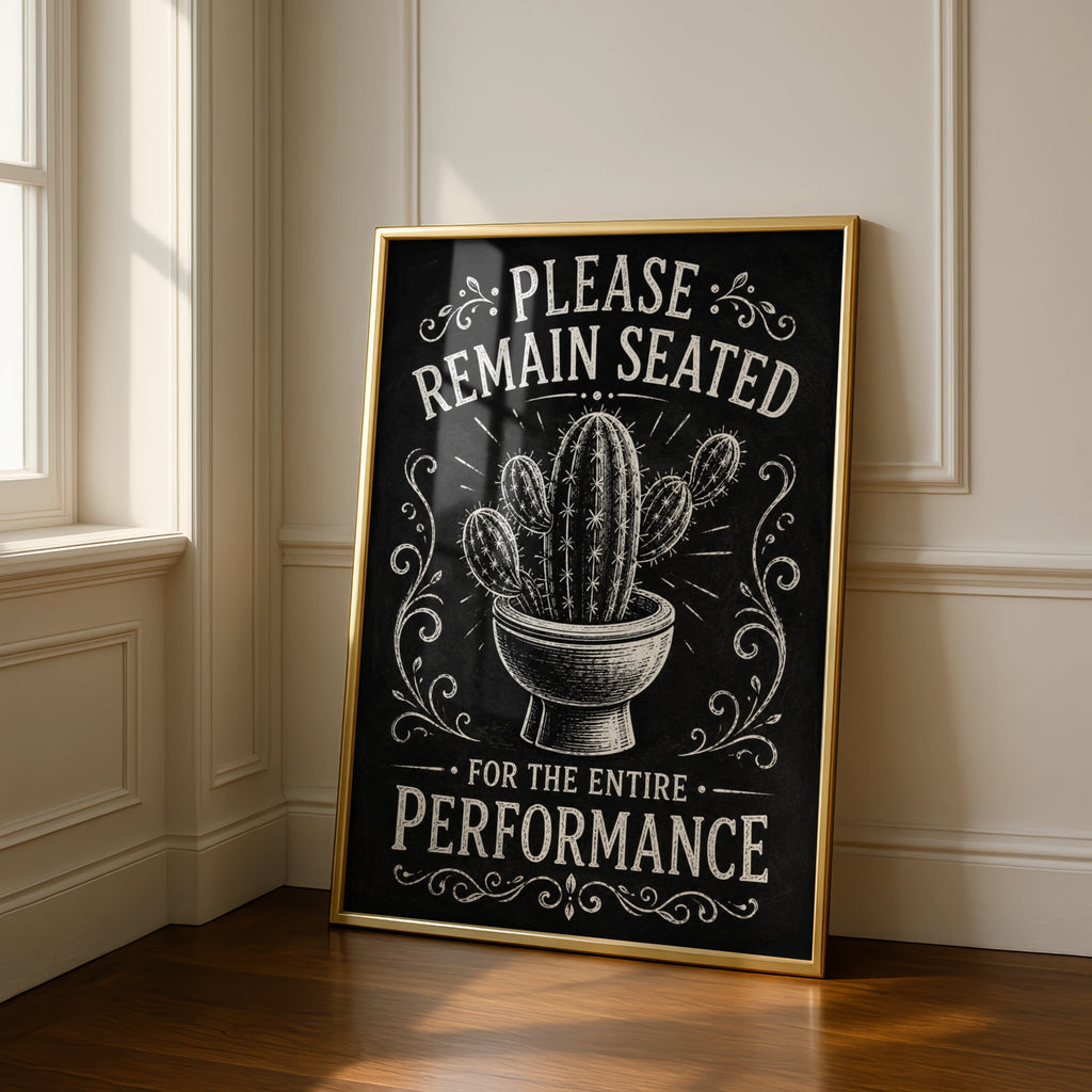 Funny Bathroom Cactus Poster, Please Remain Seated, Black White Toilet Wall Art