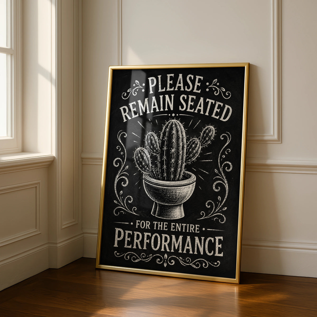 Funny Bathroom Cactus Poster, Please Remain Seated, Black White Toilet Wall Art