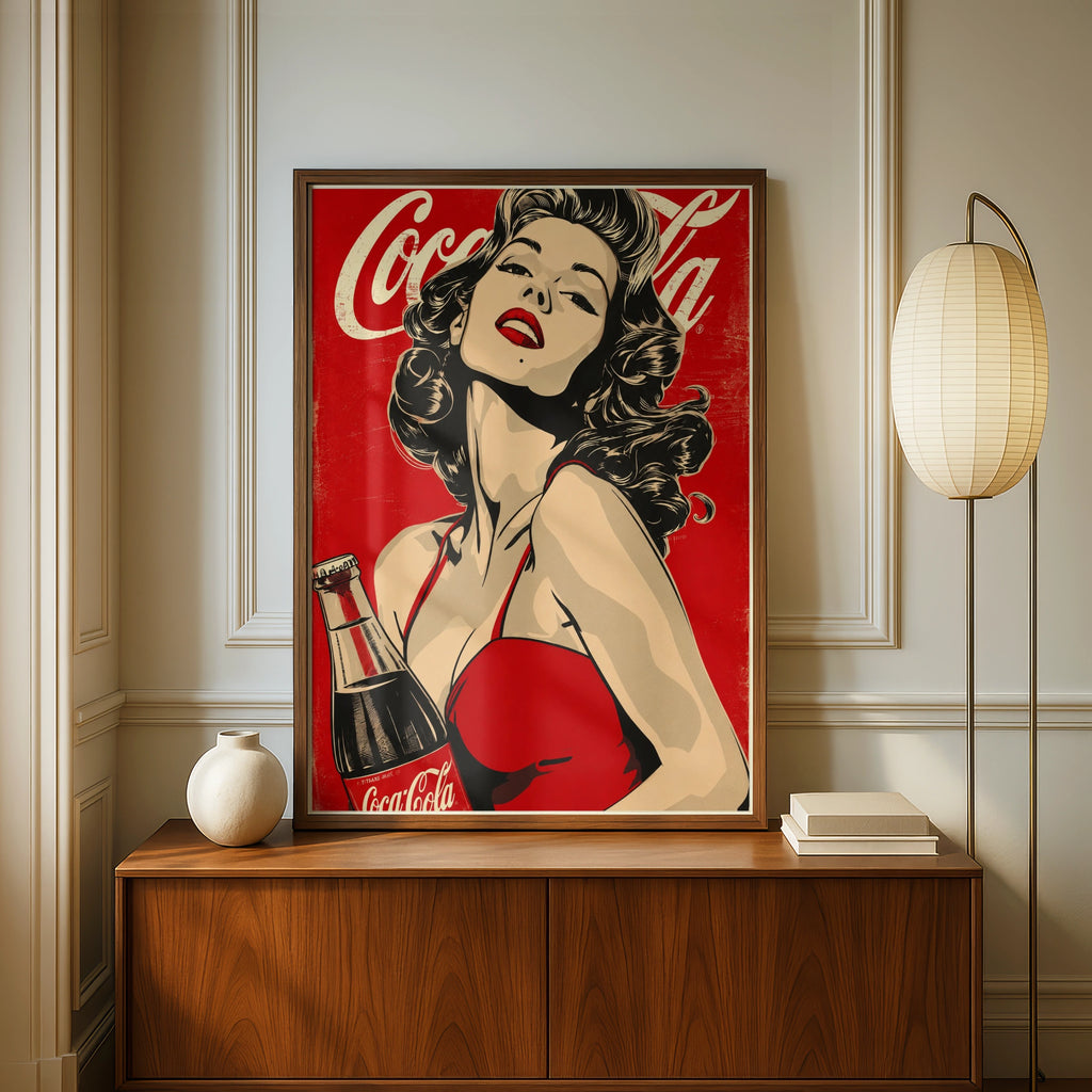 Retro Pin-Up Girl Poster, Vintage Cola Ad Style Wall Art, Red Pop Art Print