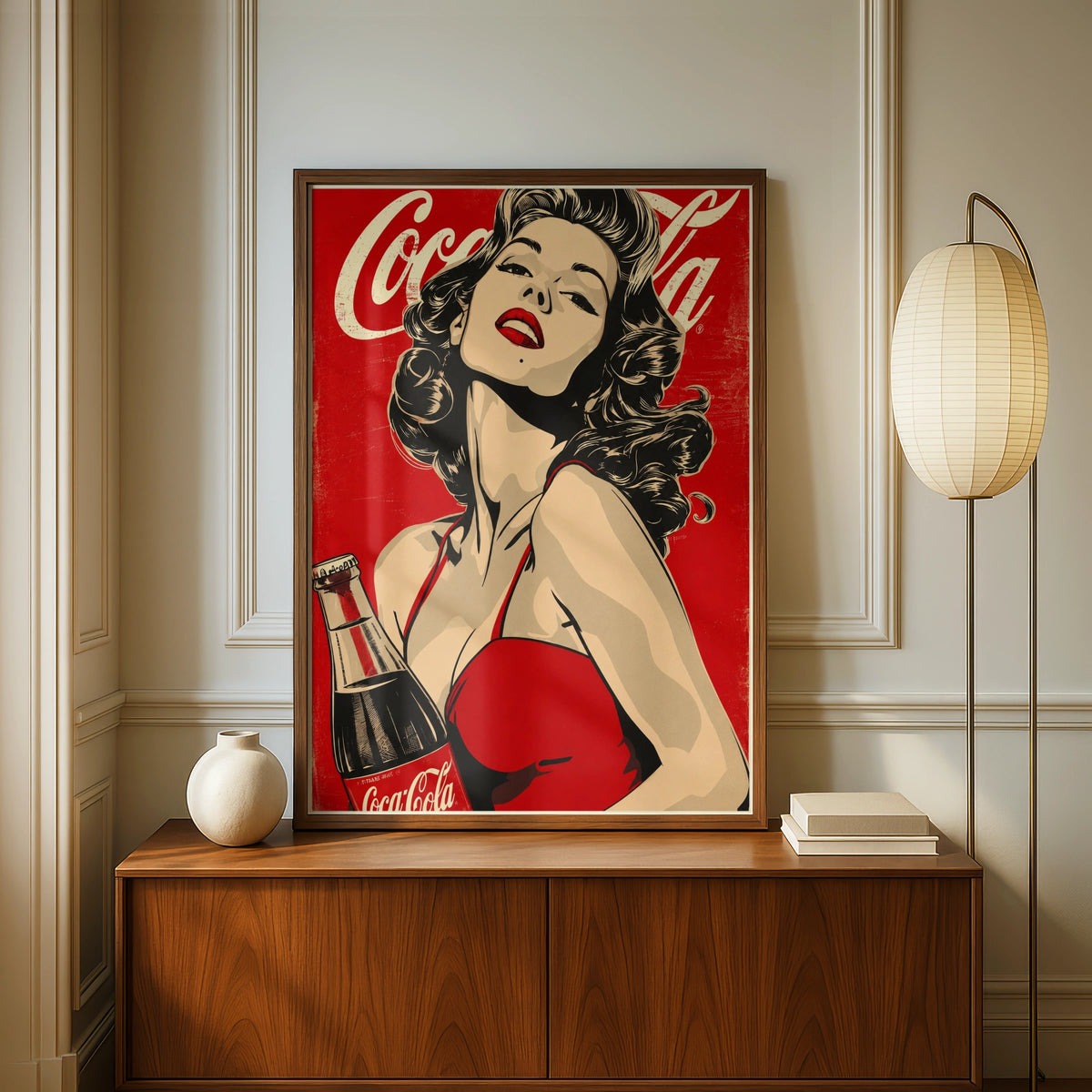 Retro Pin-Up Girl Poster, Vintage Cola Ad Style Wall Art, Red Pop Art Print