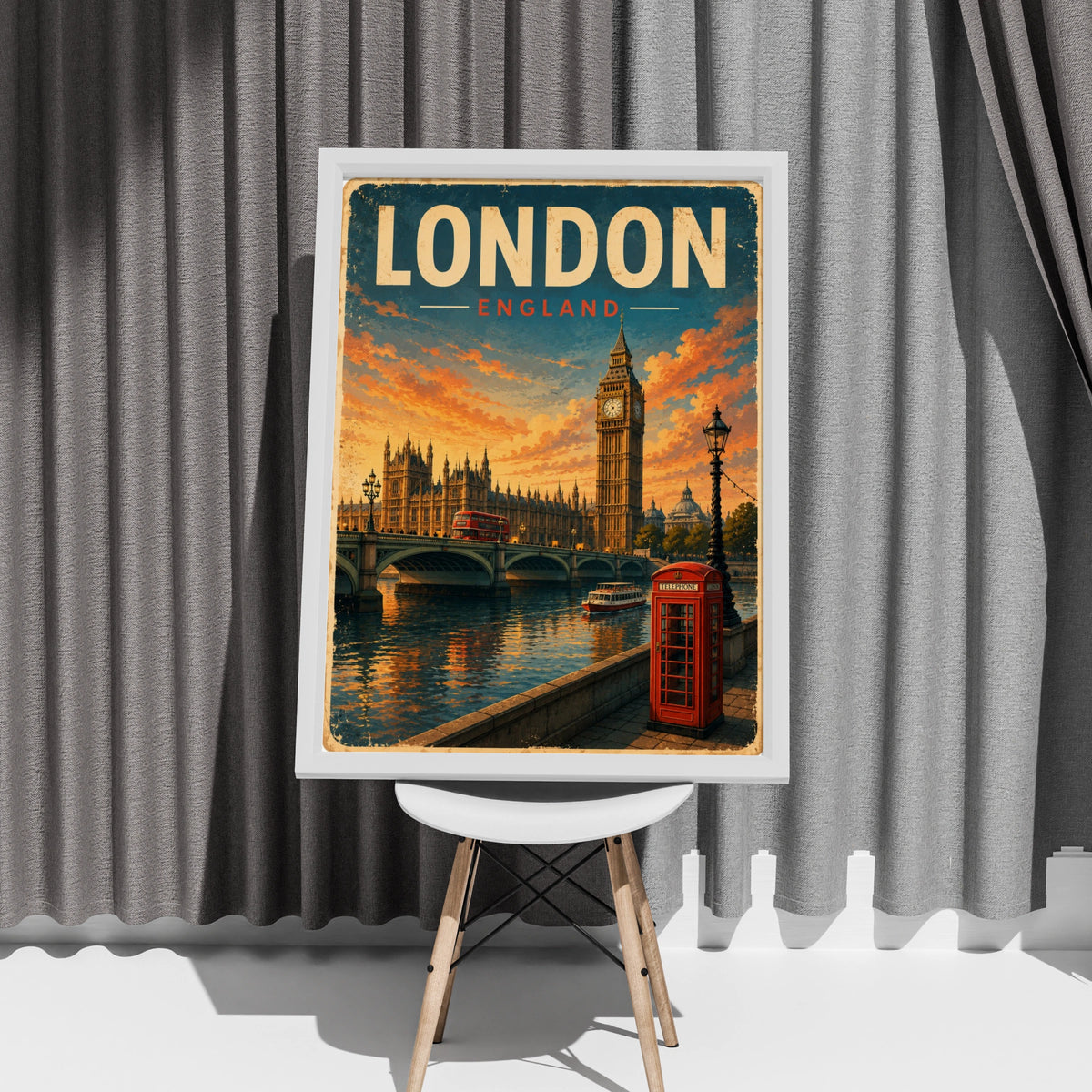 London England Vintage Travel Poster, Big Ben Red Phone Box Wall Art Print