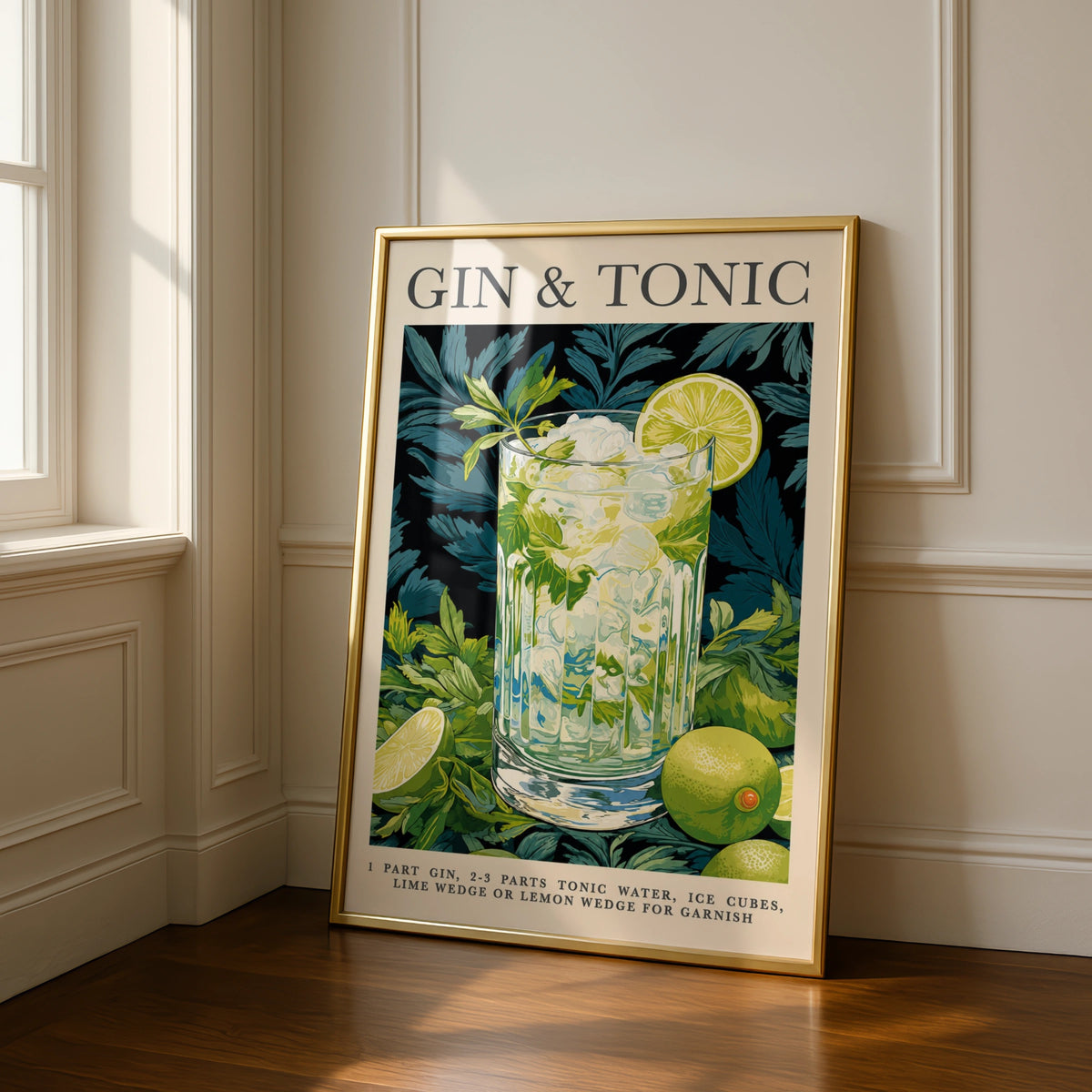 Gin & Tonic Cocktail Poster, Bar Cart Wall Art, Green Botanical Drinks Print
