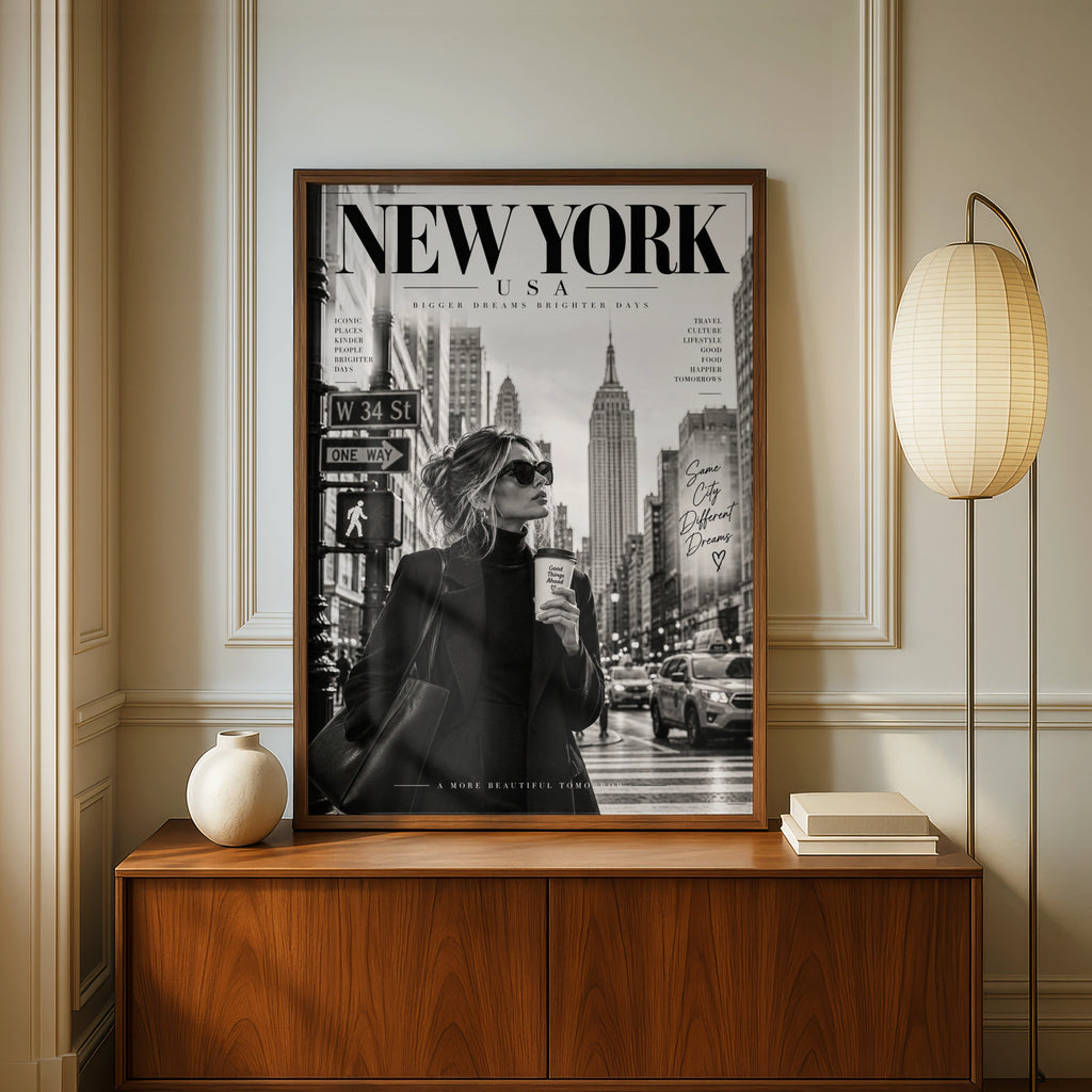 New York City Magazine Style Poster, Chic NYC Wall Art, Black White Fashion Print