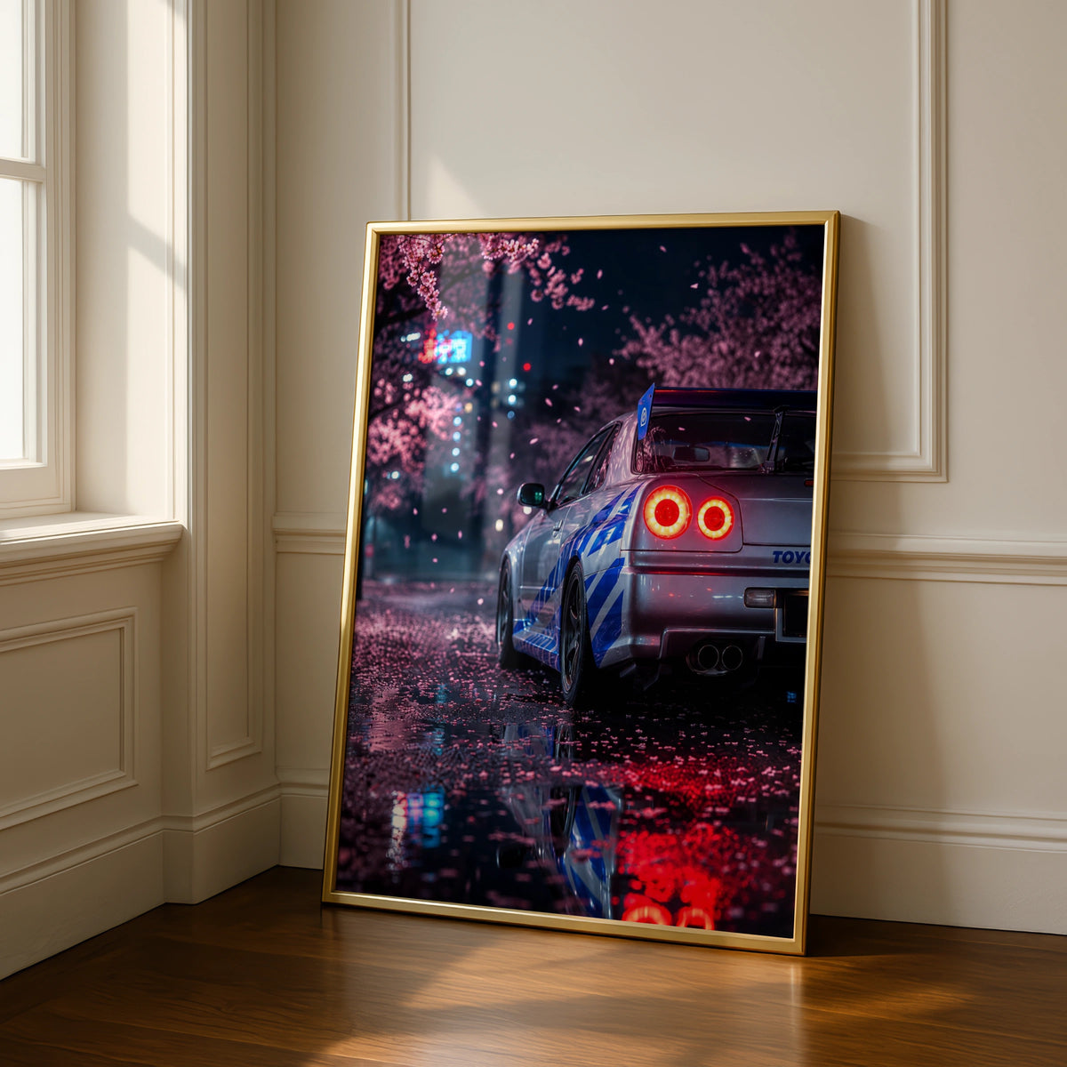 Nissan Skyline R34 GTR Cherry Blossom Poster, JDM Car Wall Art, Night Tokyo Print