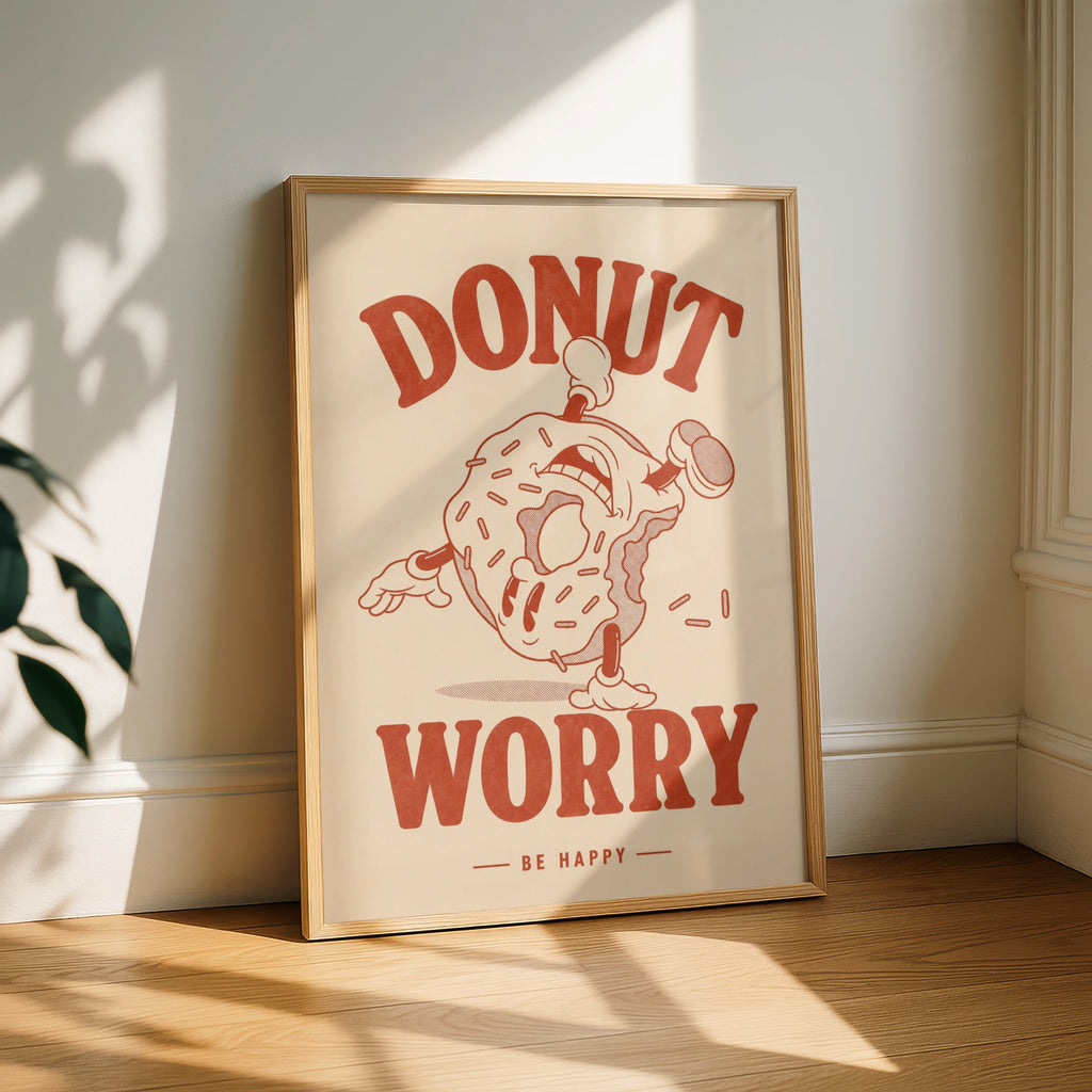 Donut Worry Be Happy Poster, Retro Food Wall Art, Funny Kitchen Print, Red Cream