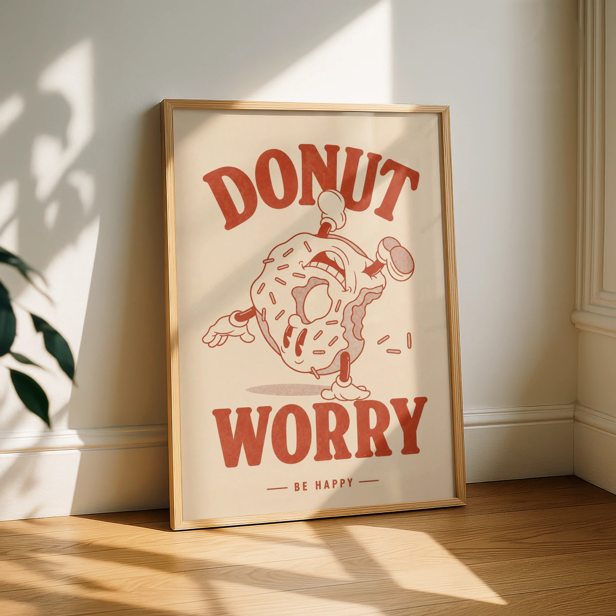 Donut Worry Be Happy Poster, Retro Food Wall Art, Funny Kitchen Print, Red Cream
