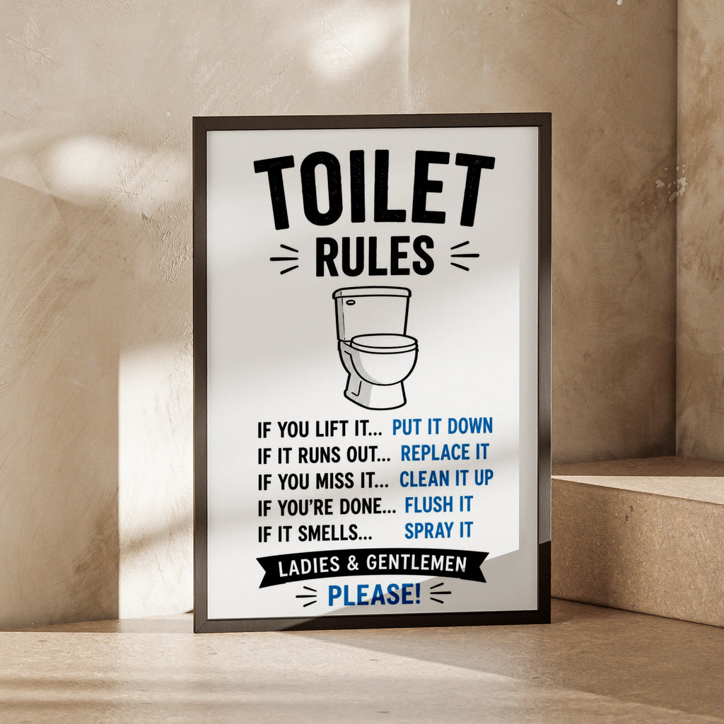 Toilet Rules Funny Bathroom Poster, Humorous Loo Wall Art, Black Blue Home Print