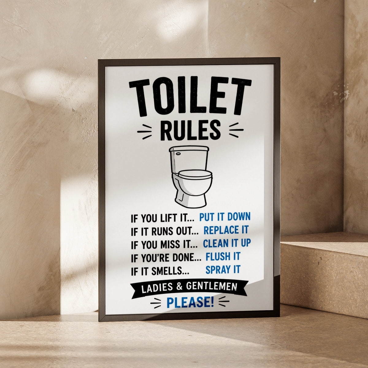 Toilet Rules Funny Bathroom Poster, Humorous Loo Wall Art, Black Blue Home Print